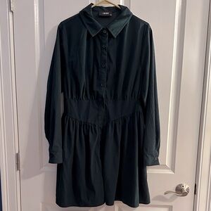 Cider Dark Green Long Sleeve Button Down Dress. Courderoy